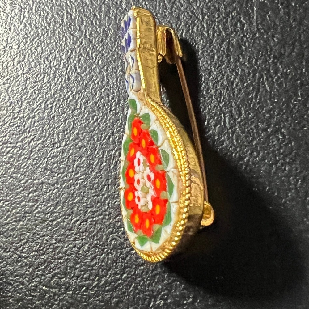 Vintage Micro Mosaic Lute Brooch Orange White Flowers Gold Tone Pin - Picture 10 of 10